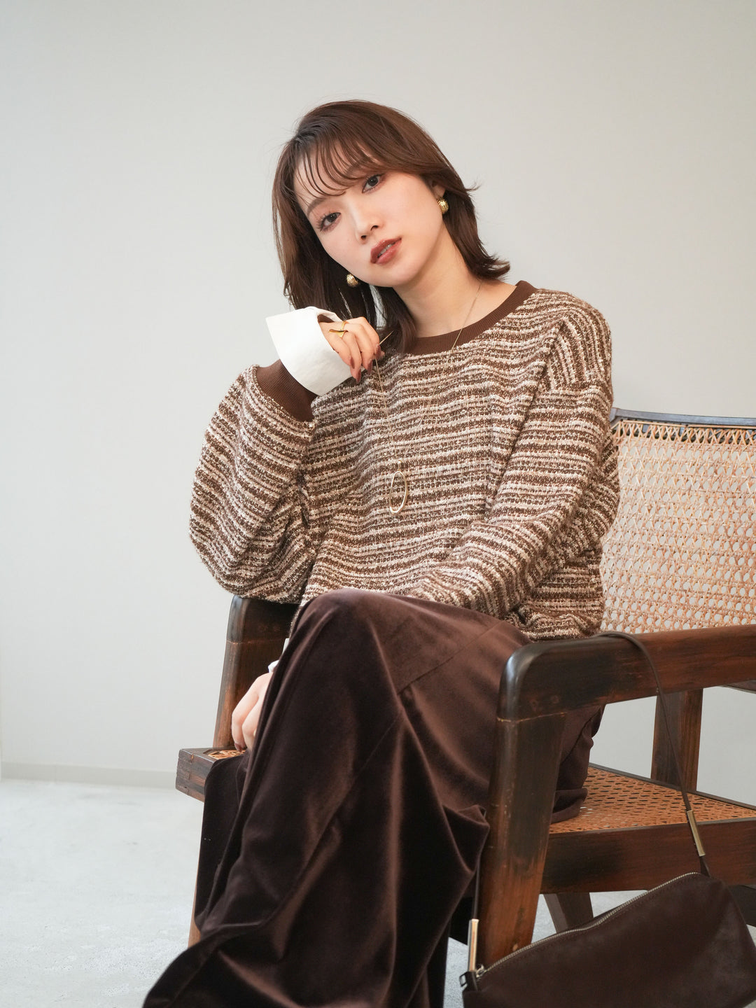 [予約]MIXツイードライクカフスドッキングプルオーバー/brown