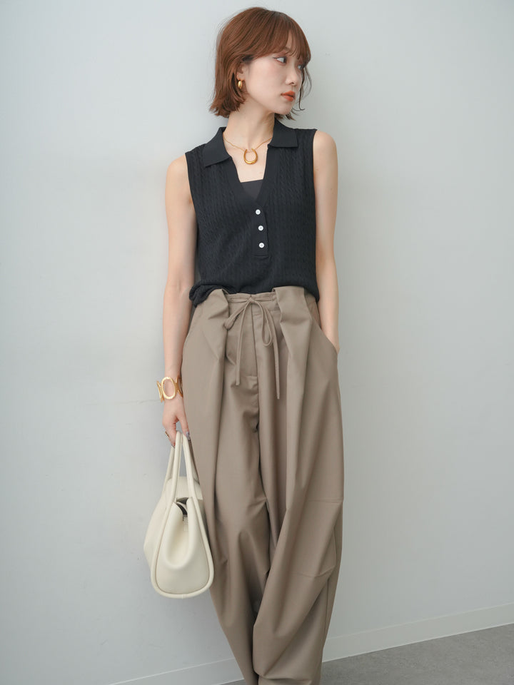 [予約]スキッパーケーブルポロニットトップス/black