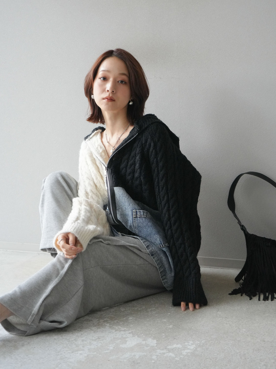 [予約]デニム×バイカラーニットZIPフーディ/black