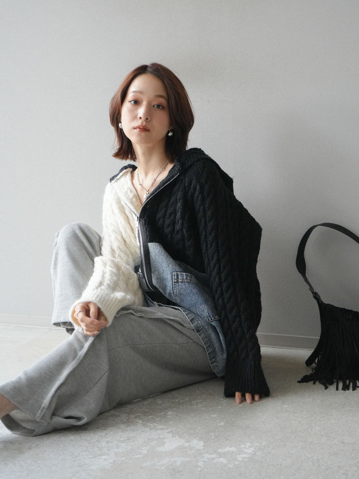 [予約]デニム×バイカラーニットZIPフーディ/black