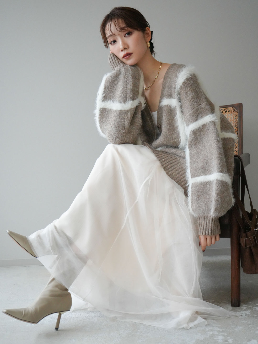 [予約]ミックスシャギーチェックカーディガン/beige