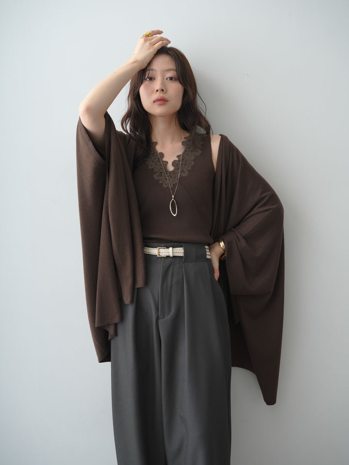 [SET]レースデザインVネックノースリニットトップス＆ケープSET(2SET)+ツイルタックコクーンパンツ(2set)