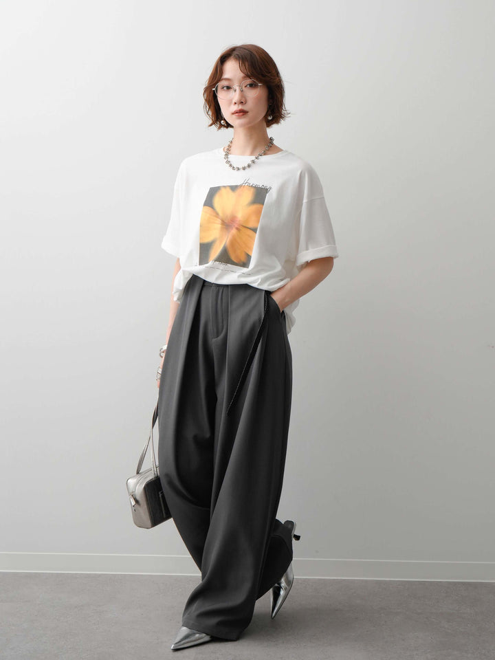[SET]フラワーフォトTEE+ベルトループデザインワイドパンツ(2set)