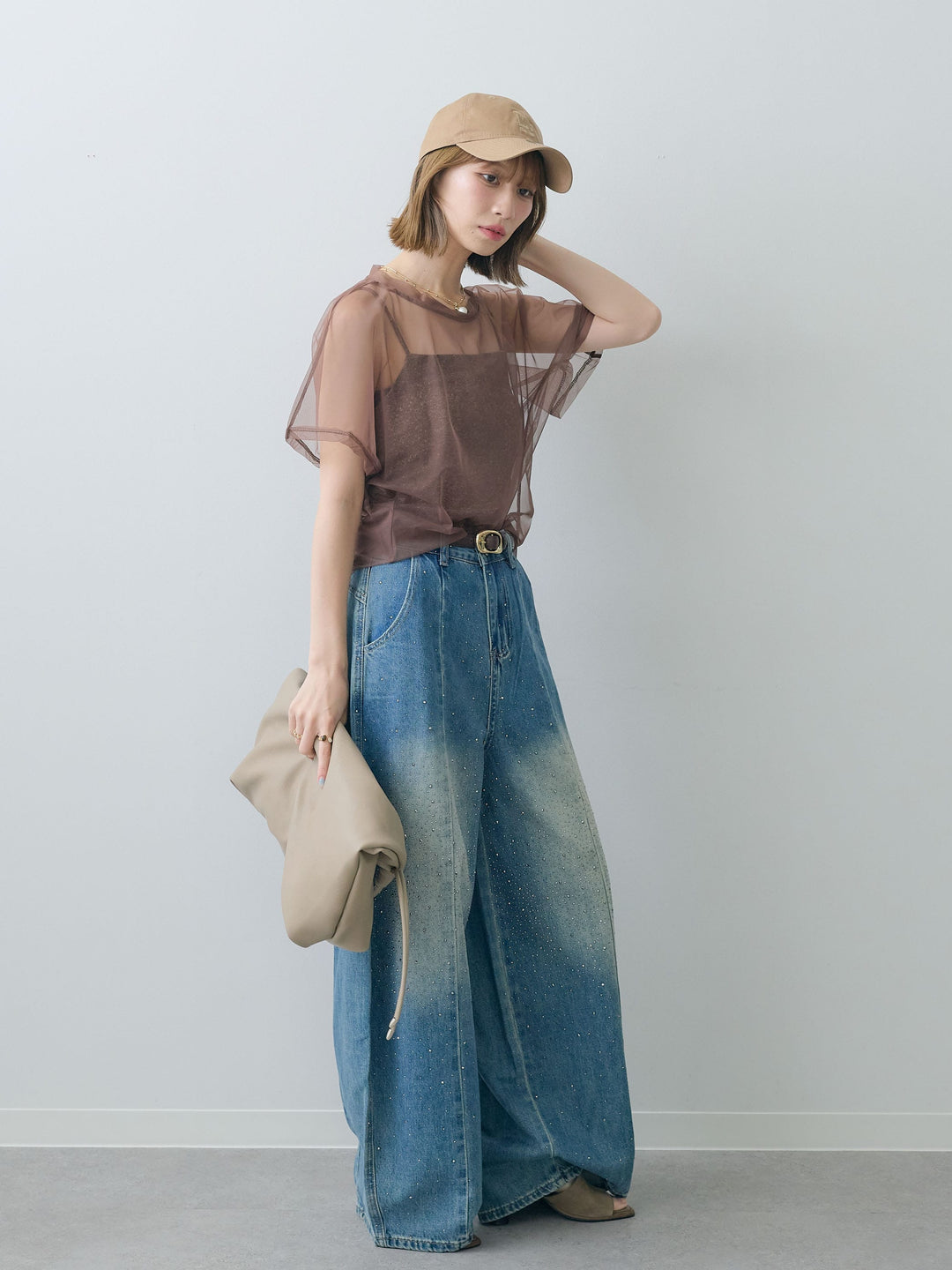 [SET]インナーキャミ付シアーオーバーTEE+フロントビジューカーブデニムパンツ(2set)