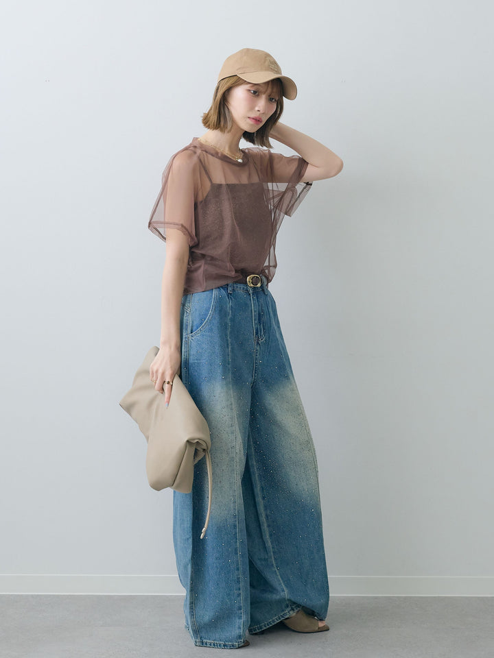 [SET]インナーキャミ付シアーオーバーTEE+フロントビジューカーブデニムパンツ(2set)
