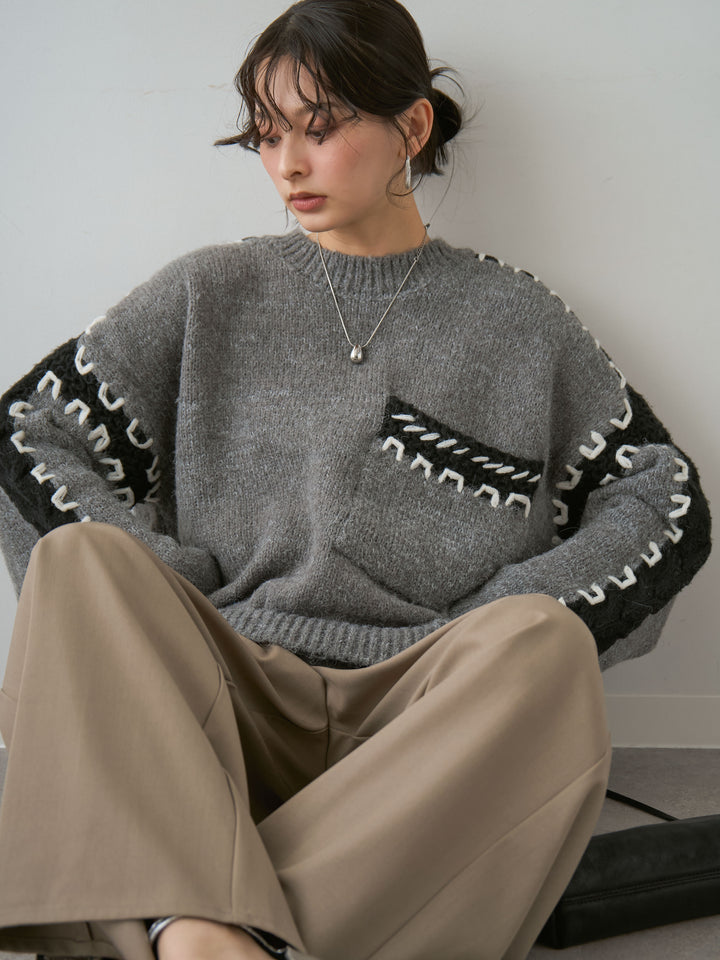 [予約]ハンドステッチデザインニットトップス/gray