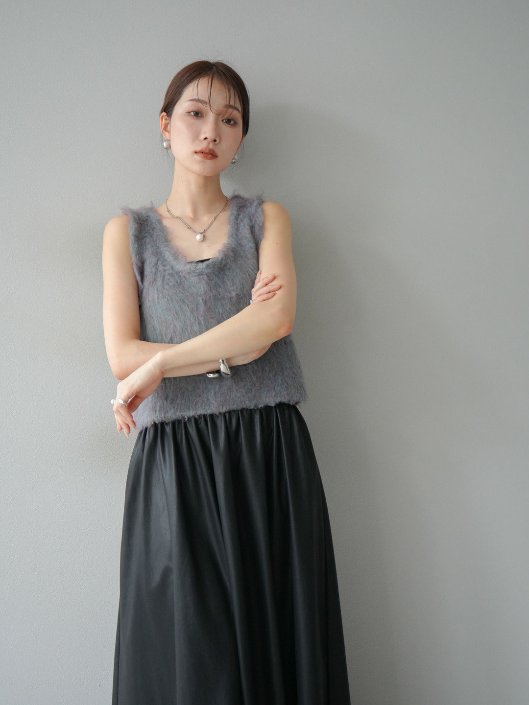 [予約]ミックスシャギーUネックベスト/グリーン