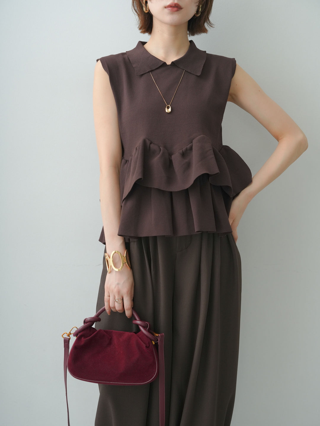 【套裝】層疊雙層荷葉邊無袖針織上衣 + 層疊雙層荷葉邊無袖針織上衣（兩件式）