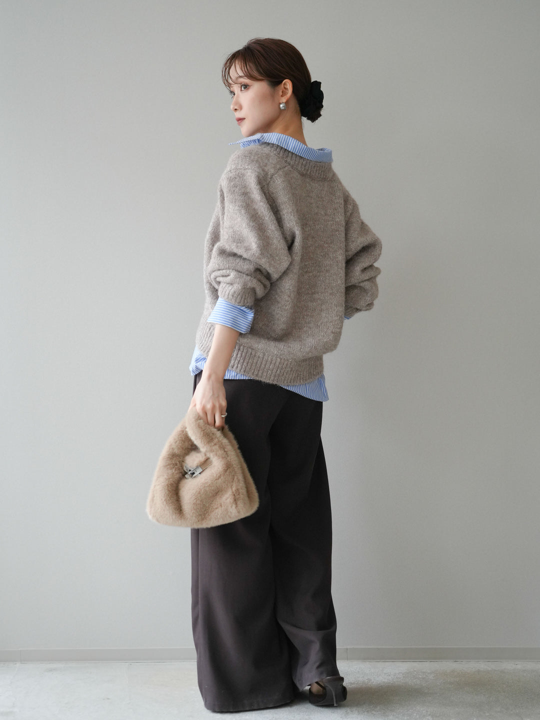 [SET]ストライプシャツドッキングMIXヤーンニットプルオーバー+ベルトループデザインワイドパンツ(2set)