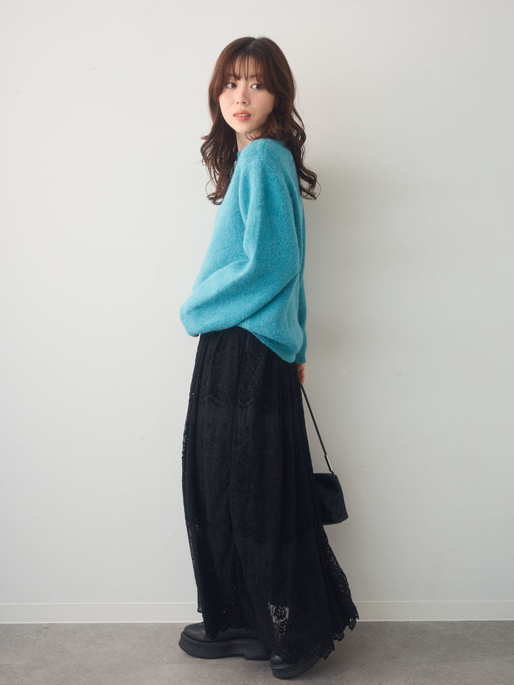 [SET]ソフトヘアリークルーネックニットトップス+ベロアレースドレープフレアスカート(2set)