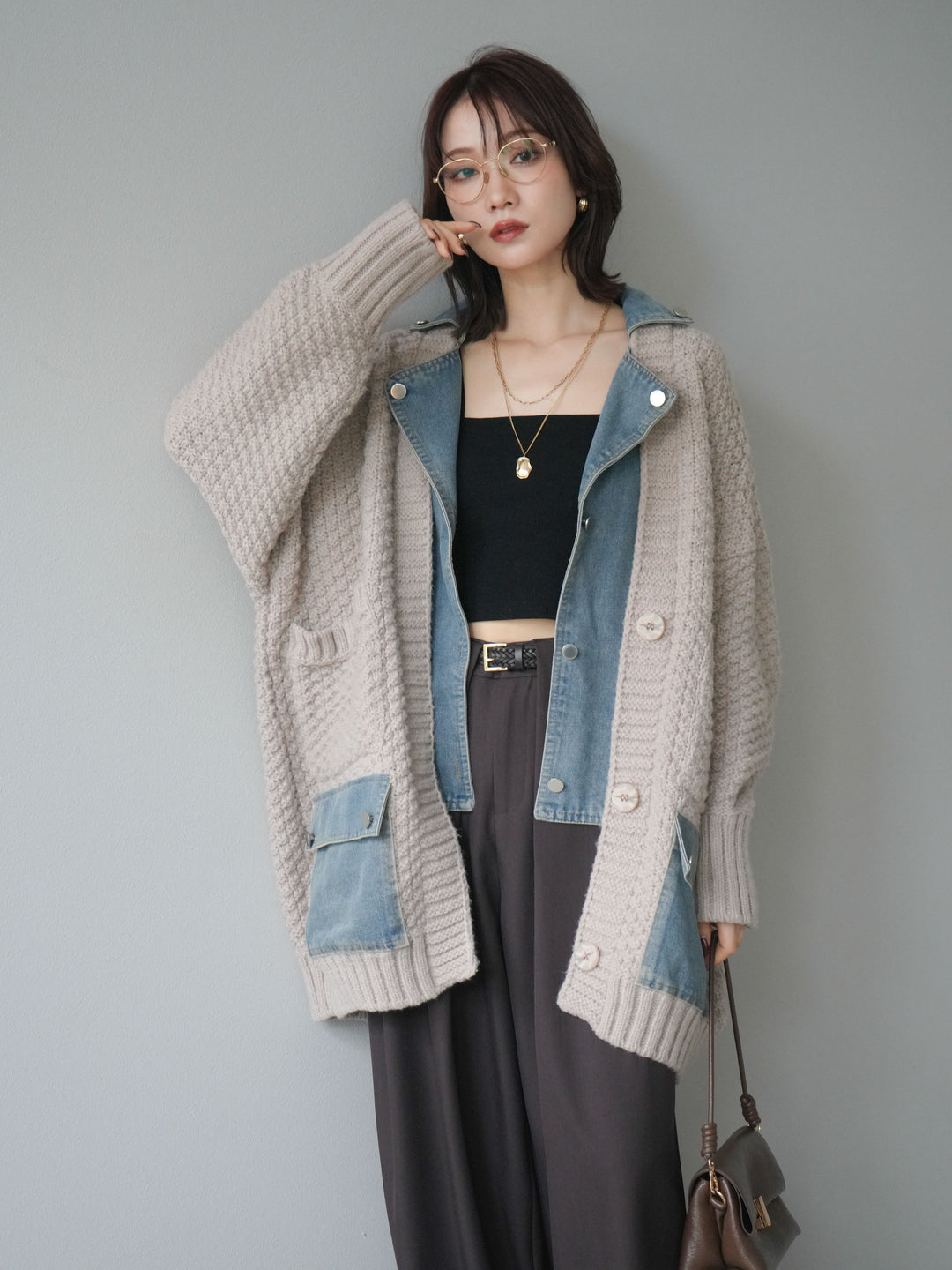 [予約]デニム襟レイヤードニットジャケット/greige