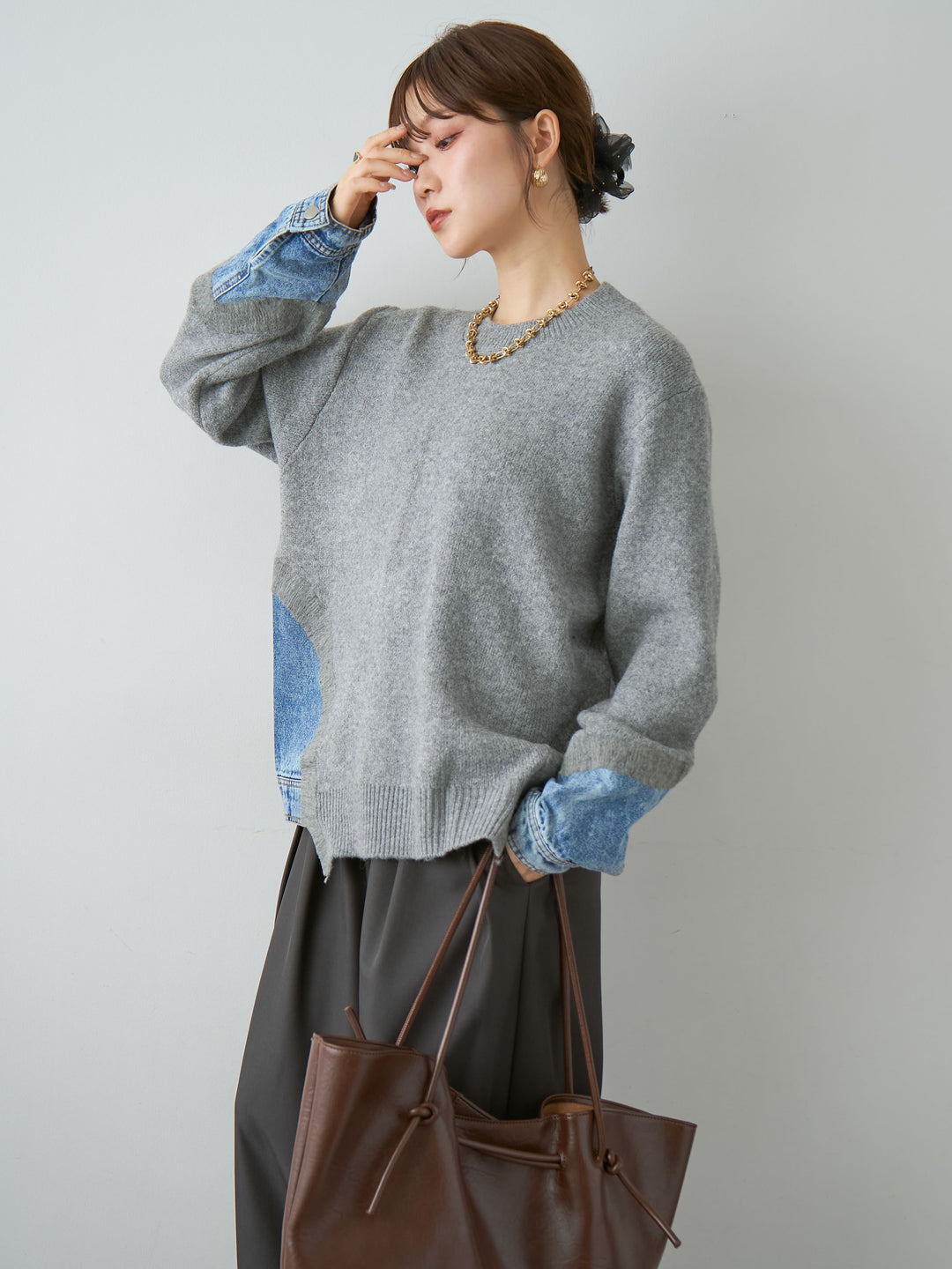 [SET]デニムドッキングニットプルオーバー+ツイルタックワイドパンツ(2set)