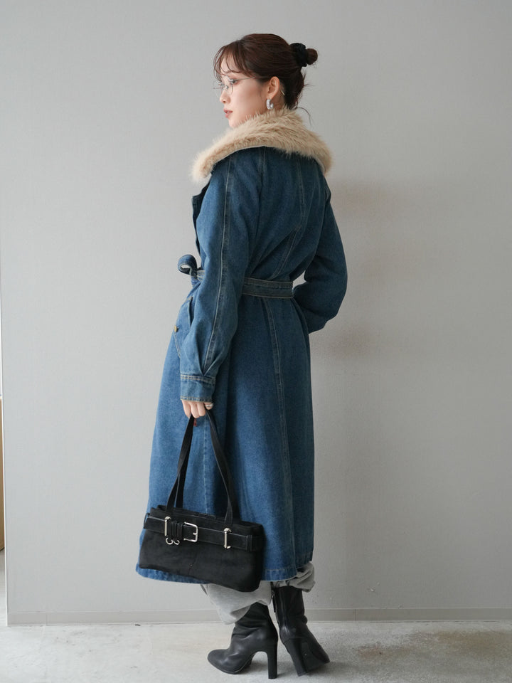 [予約]ファー襟デニムロングコート/blue