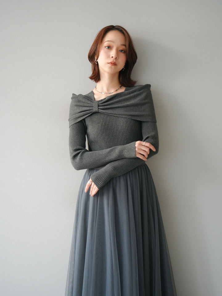 [予約]リボンモチーフオフショルリブニットトップス/gray