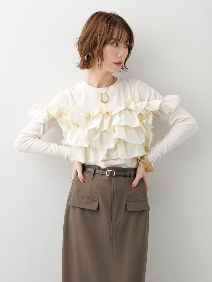 [SET]カットリブマルチWAYトップス+クレープデシンフラップ付きストレートスカート(2set)