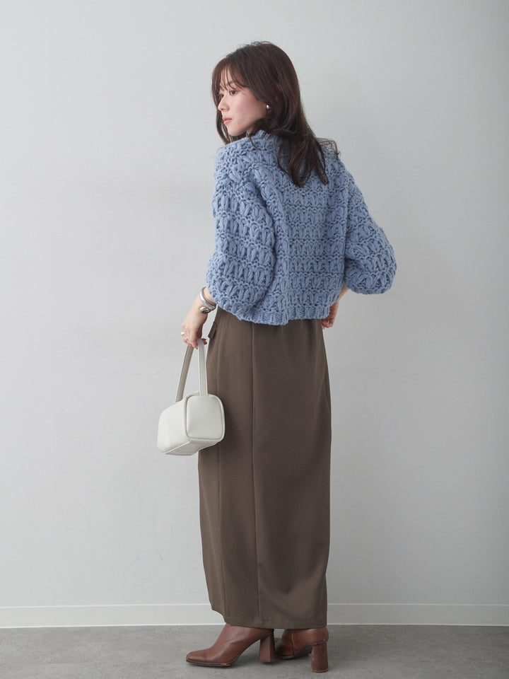 [SET]ループクロップニットトップス+クレープデシンフラップ付きストレートスカート(2set)