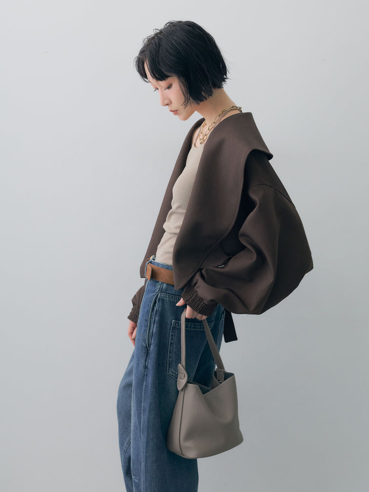 [SET]サイドベルトビッグカラーショートジャケット+カップ付きバッククロスキャミソール+フロントシームドレープワイドデニム(3set)