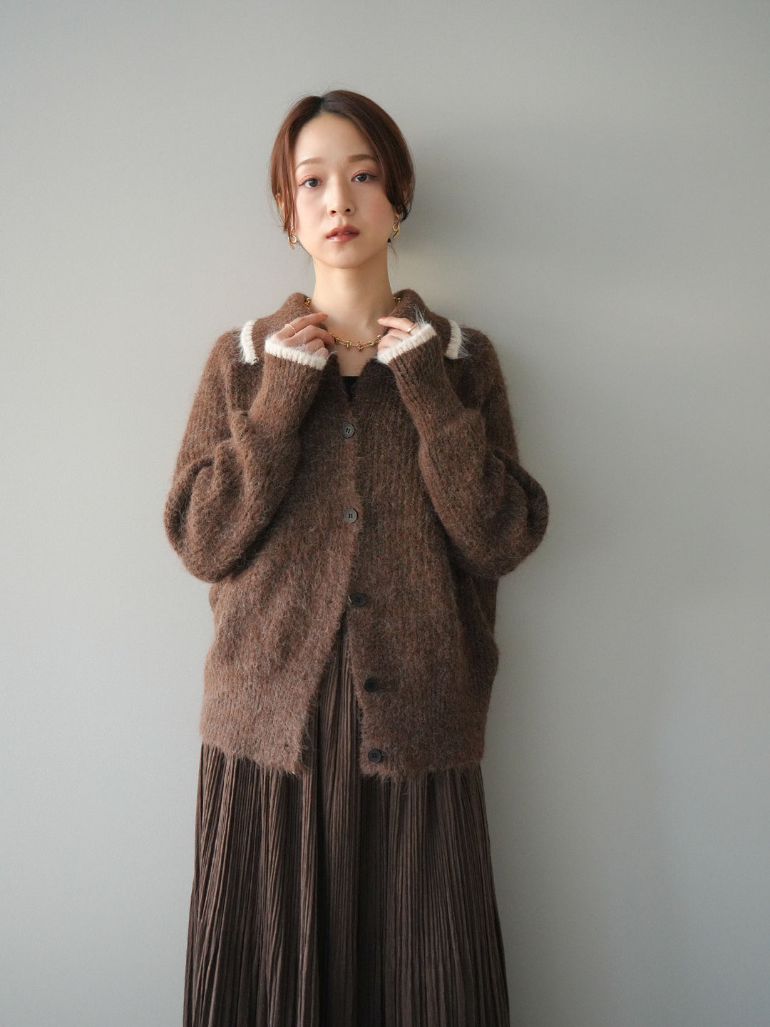 [予約]襟付きバイカラーミックスニットカーディガン/brown