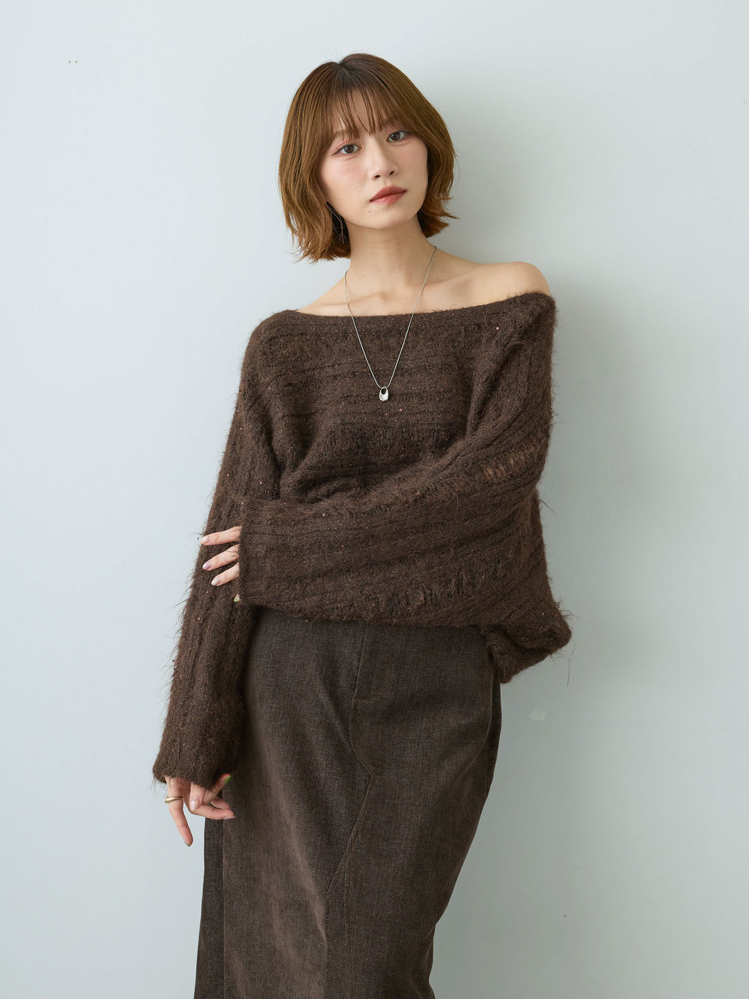 [予約]ミックス透かし編ワイドネックニットトップス/brown