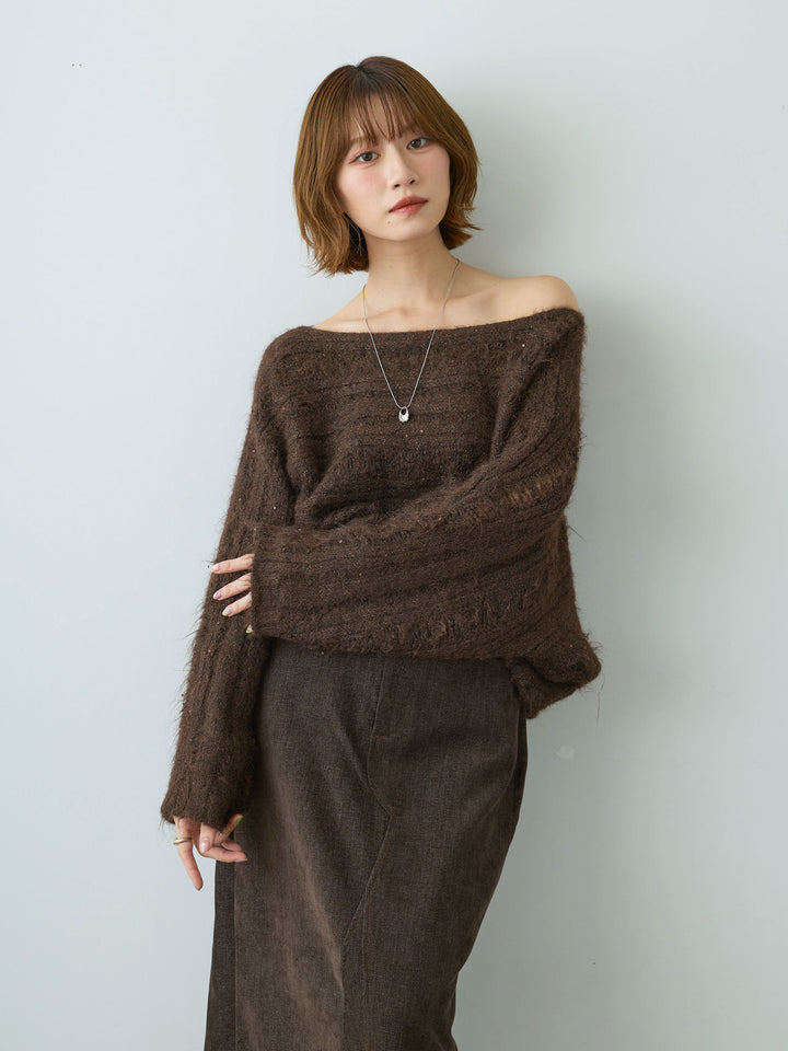 [予約]ミックス透かし編ワイドネックニットトップス/brown