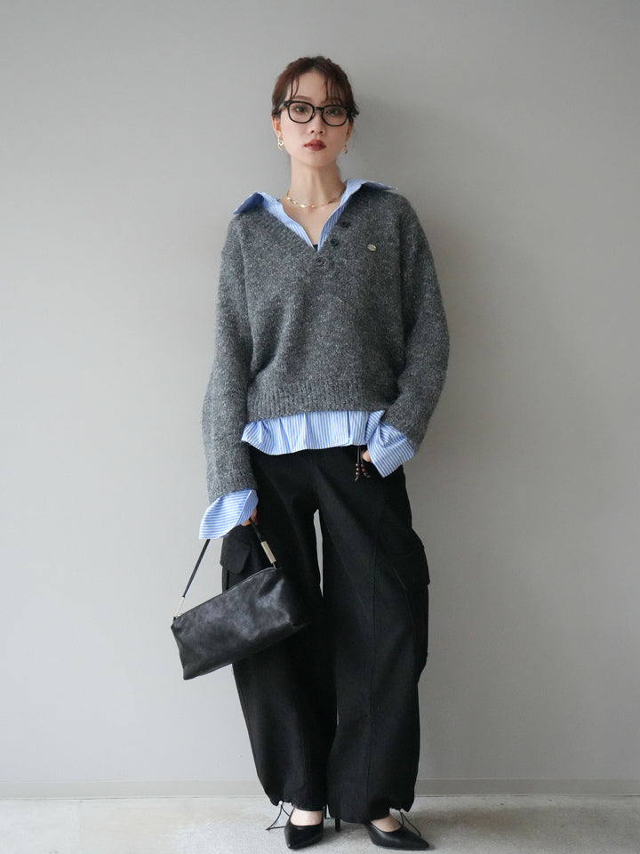 [SET]ストライプシャツドッキングMIXヤーンニットプルオーバー+ベルト付コーデュロイカーゴパンツ(2set)