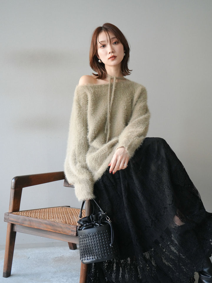 [予約]紐付きシャギーニットプルオーバー/beige