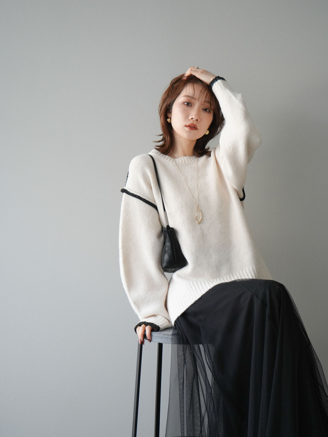 [予約]バイカラーパイピングニットプルオーバー/ivory