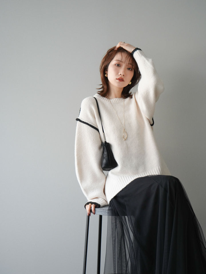 [予約]バイカラーパイピングニットプルオーバー/ivory