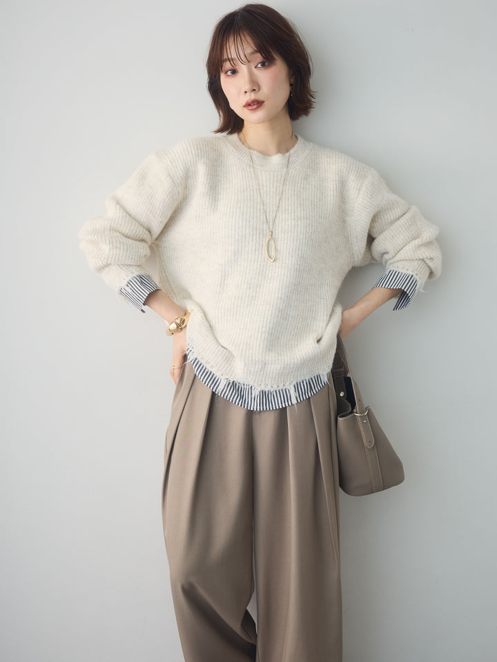[SET]シャツレイヤードデザインモヘアプルオーバー+ツイルタックワイドパンツ(2set)