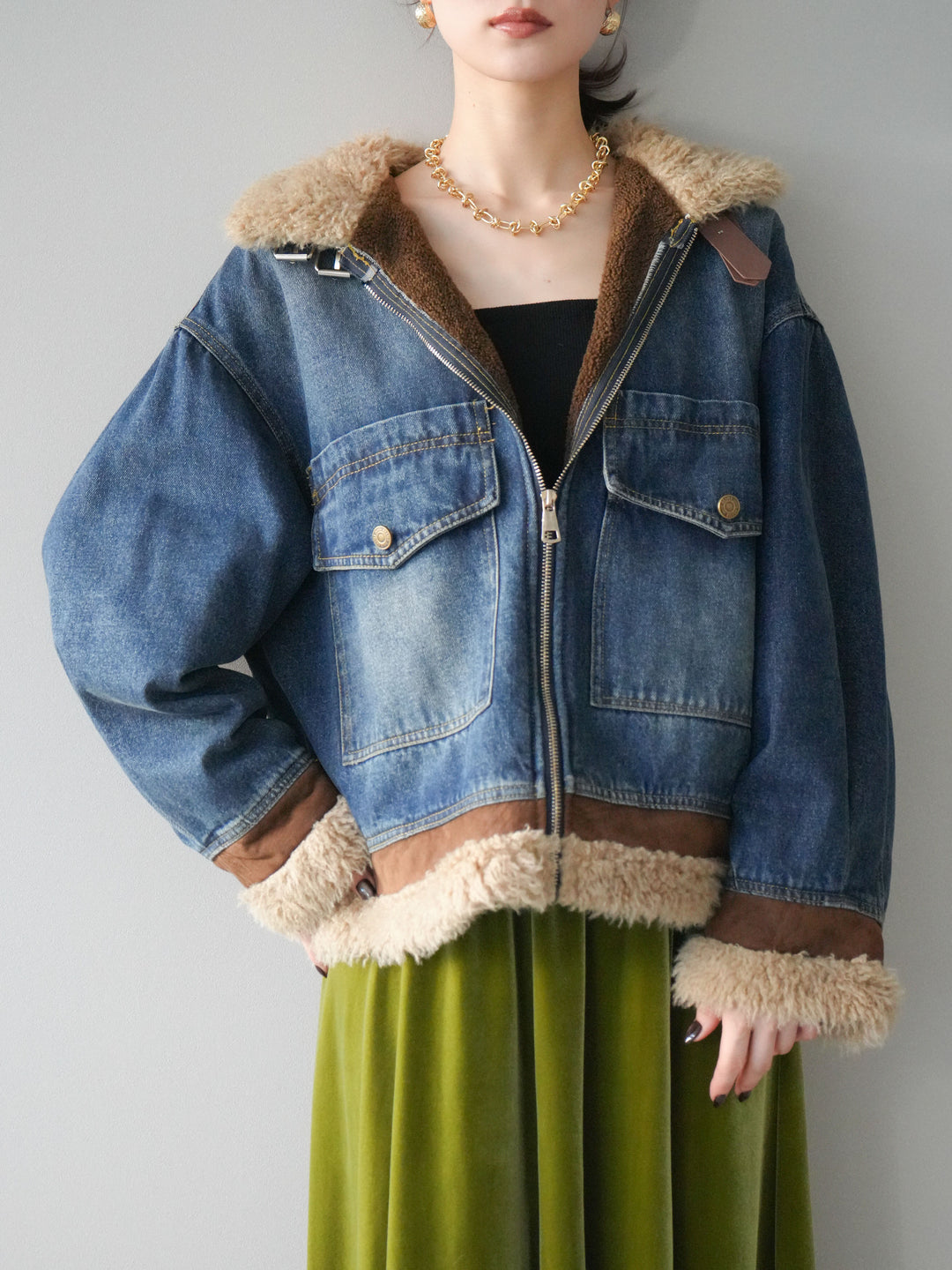 [予約]スタンドカラーファー×デニムジャケット/blue