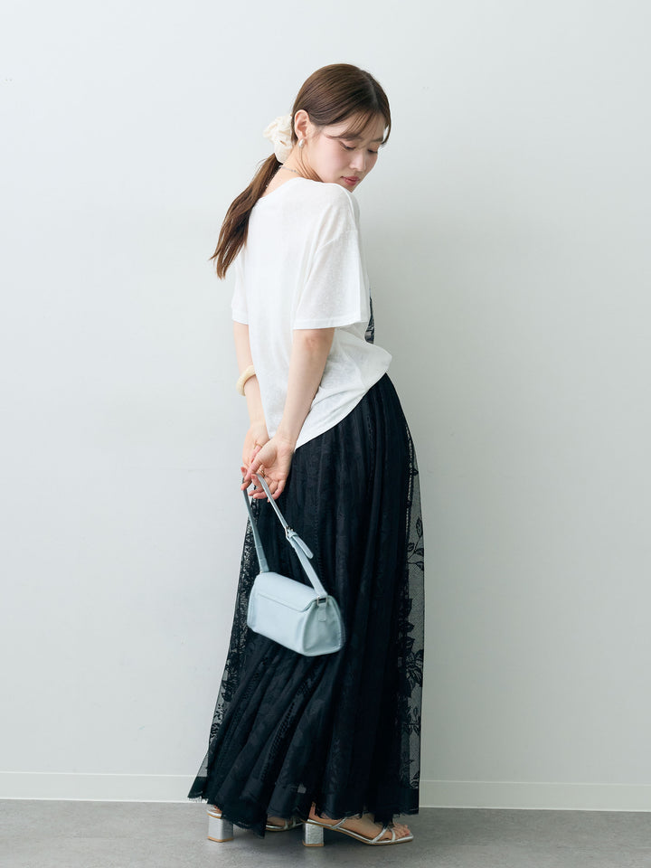 [SET]ワイドネックプリントTEE+ボタニカルパネルレースフレアスカート(2set)