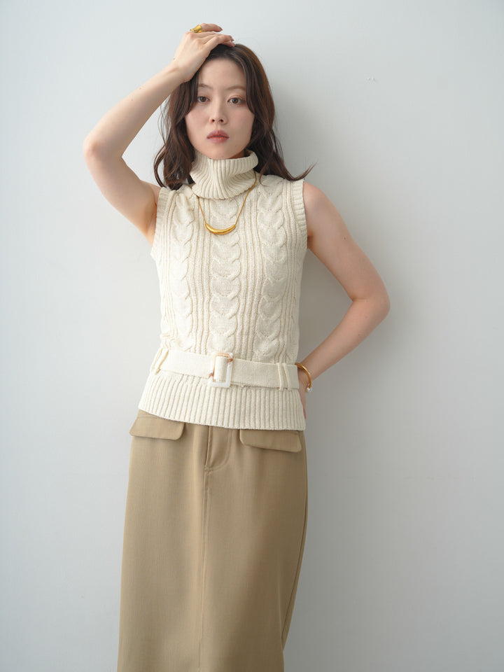 [SET]ベルト付ケーブルノースリニットトップス+クレープデシンフラップ付きストレートスカート(2set)