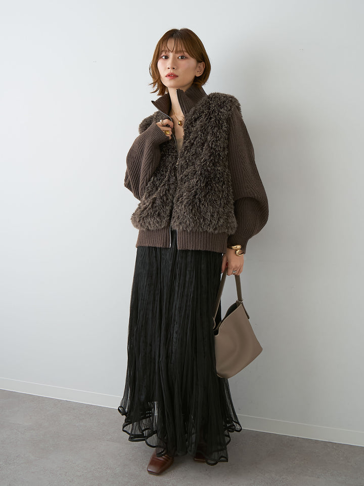 [SET]ファーコンビニットブルゾン+カップ付テレコリブベアキャミソール+ベロアレイヤードチュールフレアスカート(3set)