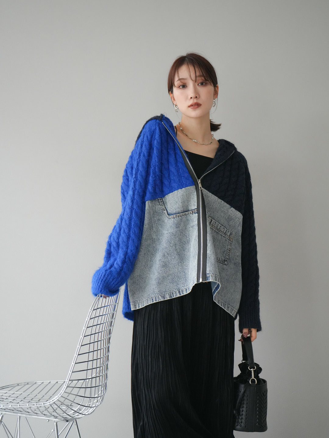 [予約]デニム×バイカラーニットZIPフーディ/blue