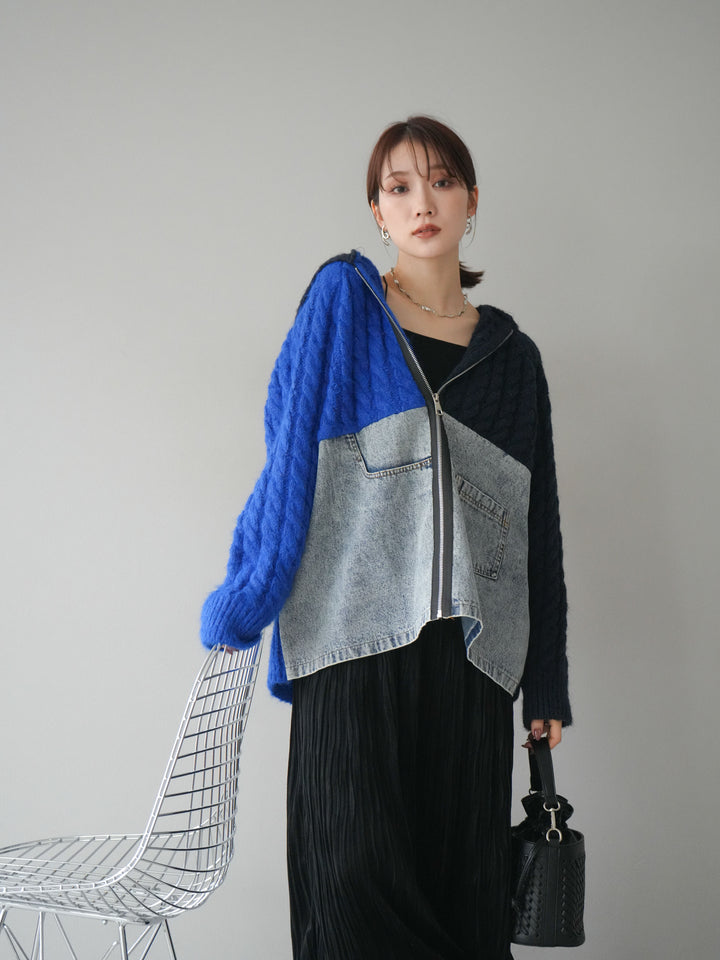 [予約]デニム×バイカラーニットZIPフーディ/blue