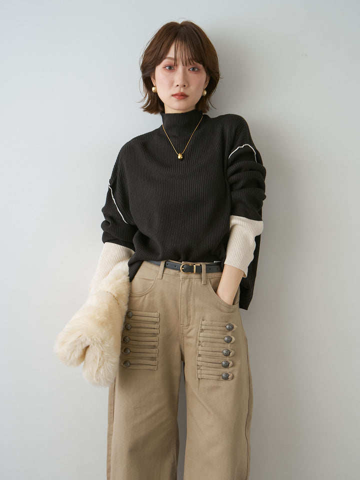 [SET]バイカラーモックネックリブニットトップス+バイカラーモックネックリブニットトップス(2set)