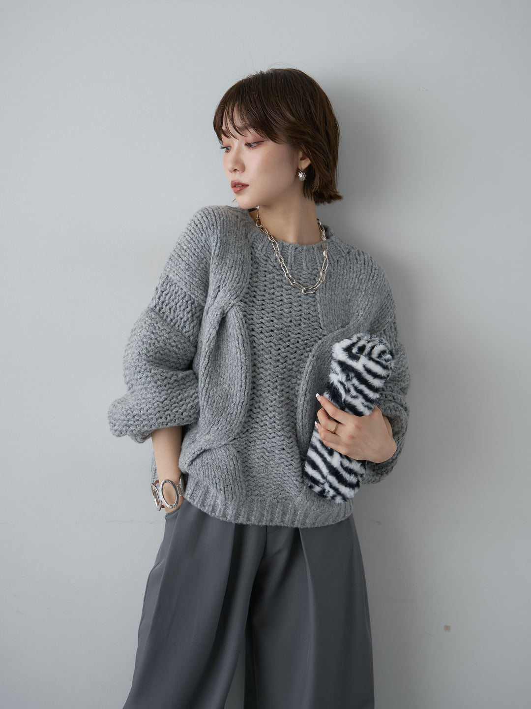 [予約]チャンキーケーブルニットトップス/gray
