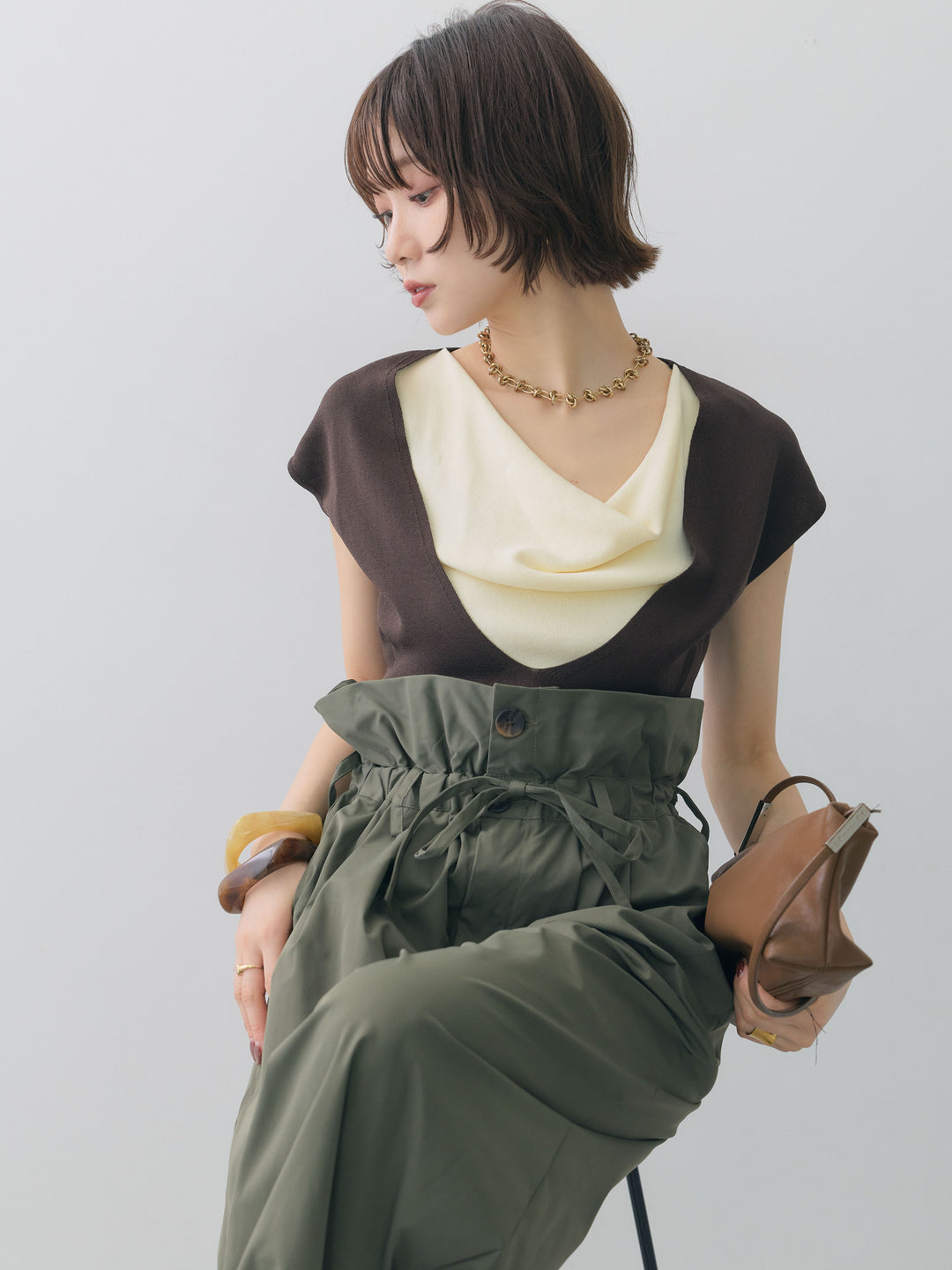 [予約]レイヤードデザインスリムフレンチニットトップス/brown