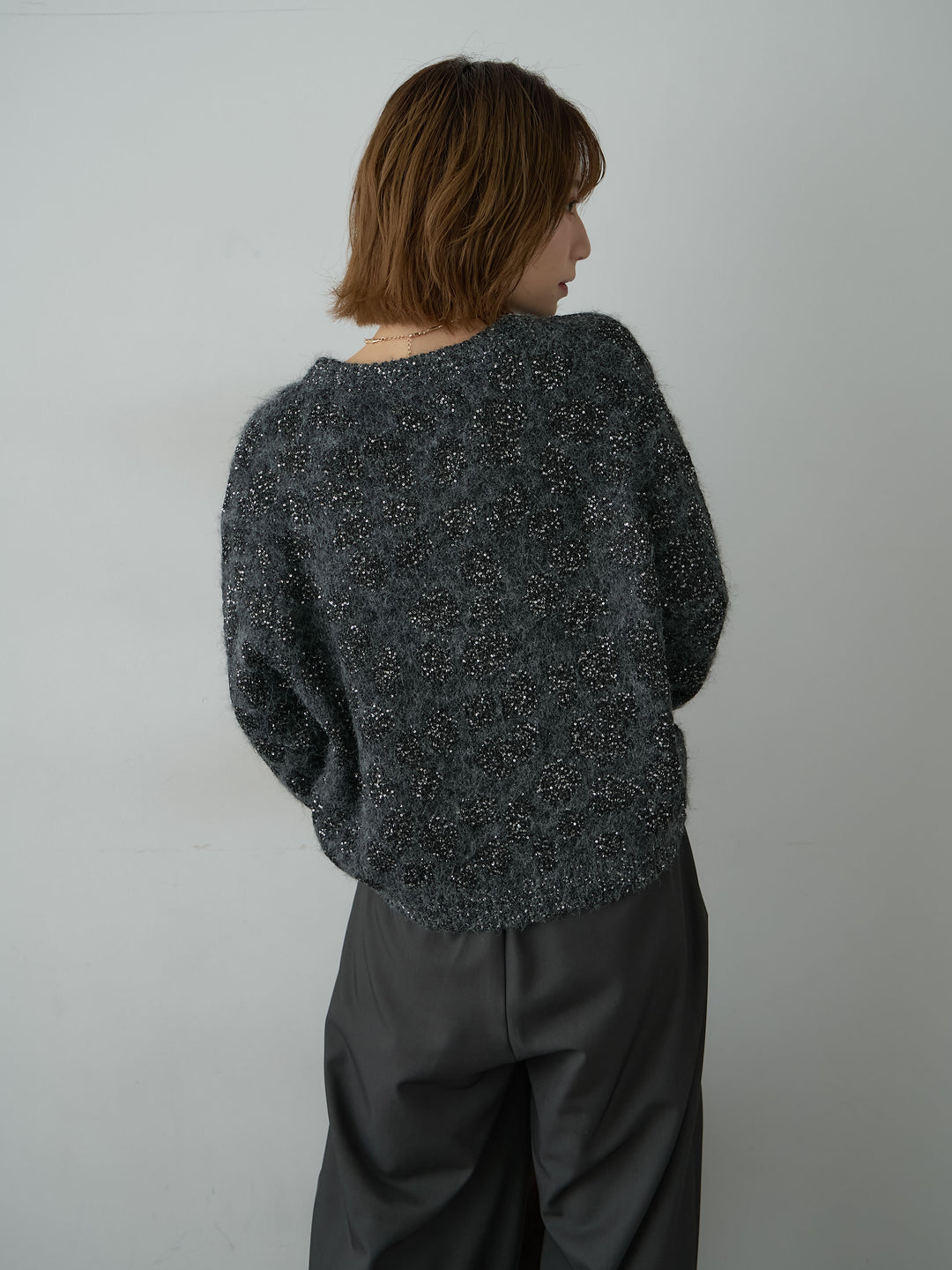 [予約]レオパードスパンコールニットトップス/gray