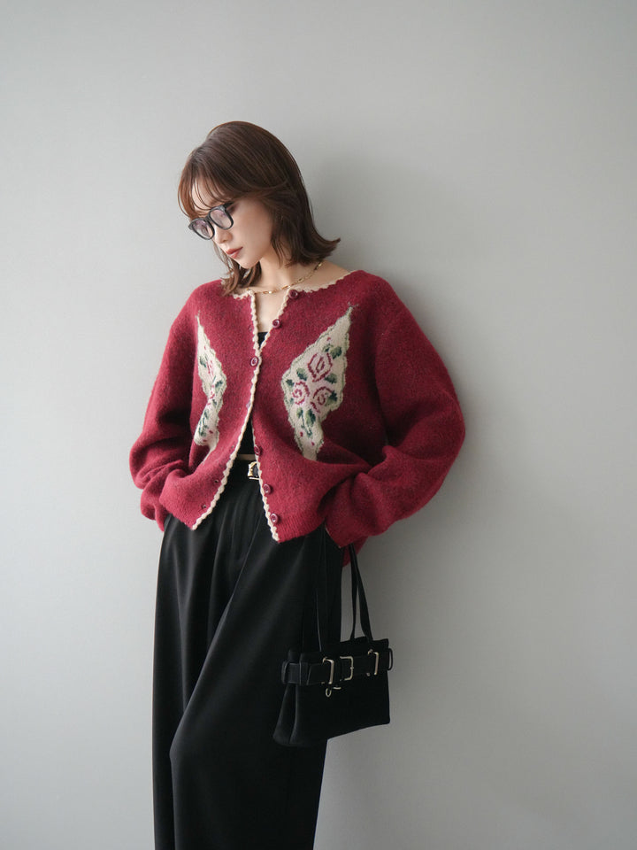 [予約]アンティークフラワージャガードニットカーディガン/red
