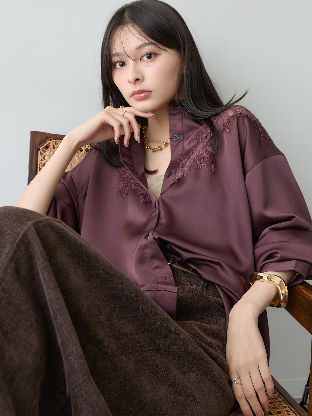 [予約]サテンレース切り替えシャツ/burgundy