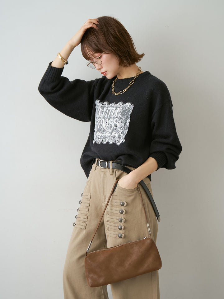 [SET]アルパカタッチ刺繍レースロゴニットプルオーバー+選べるアクセセット(2set)