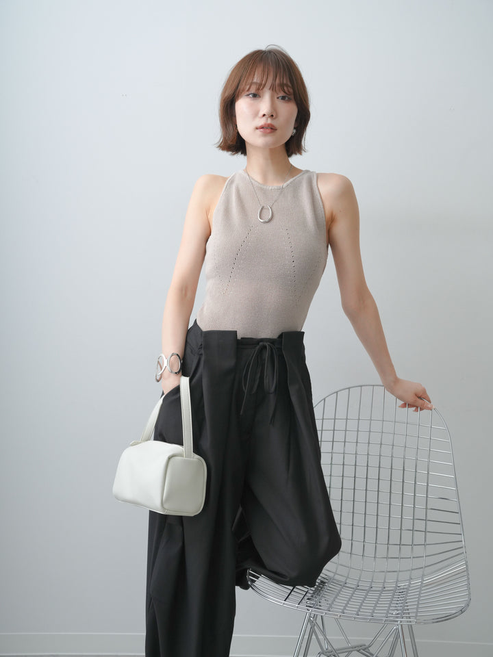 [SET]バックスリットニットタンクトップ+ベルトループカーブタックワイドパンツ(2set)