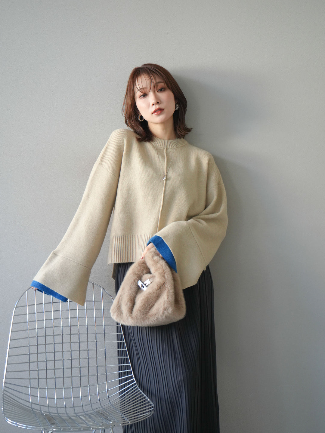 [SET]袖レイヤード配色ニットプルオーバー+プリーツIラインスカート(2set)