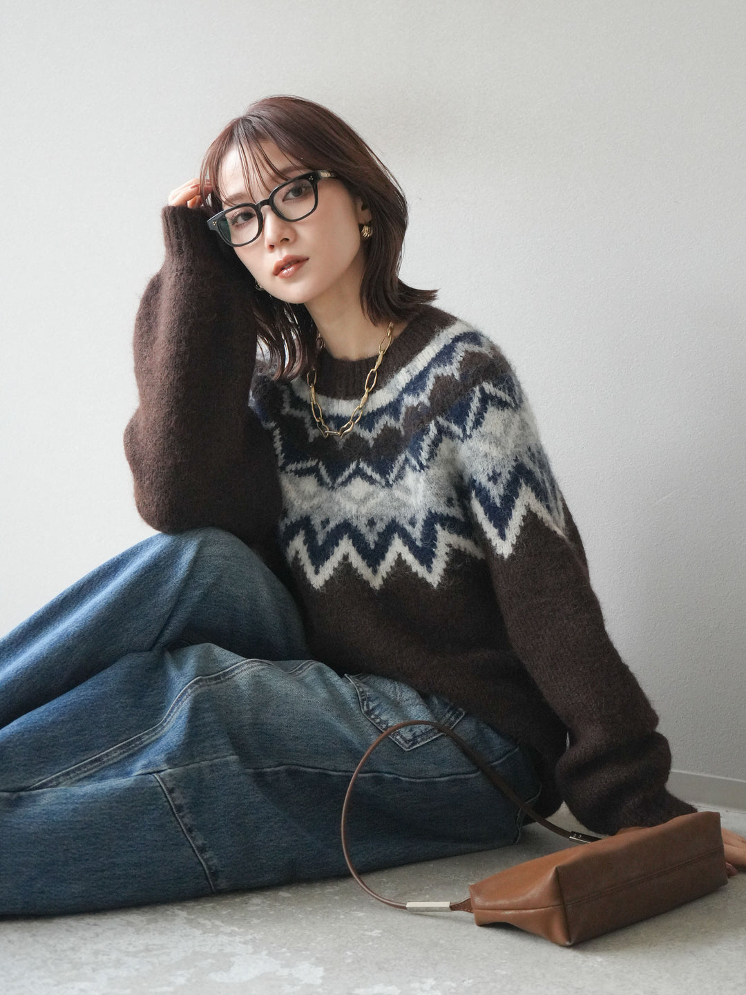 [SET]求心柄オーバーニットプルオーバー+ペインターカーブデニムパンツ(2set)