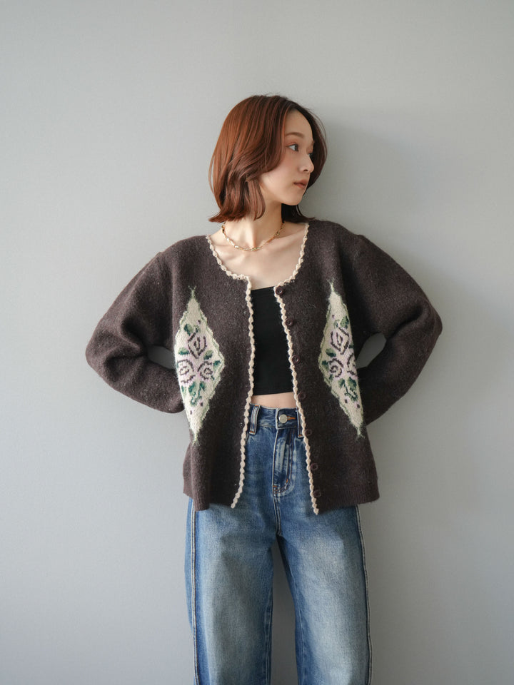 [予約]アンティークフラワージャガードニットカーディガン/brown