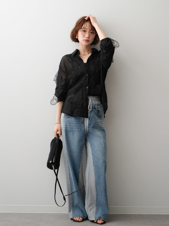 [SET]レースデザインドレープオーバーシャツ+デニム切替スウェットパンツ(2set)