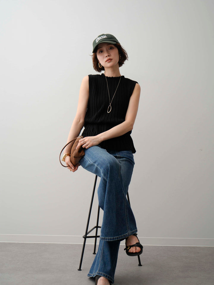 [予約]ウエストギャザーリブニットノースリトップス/black