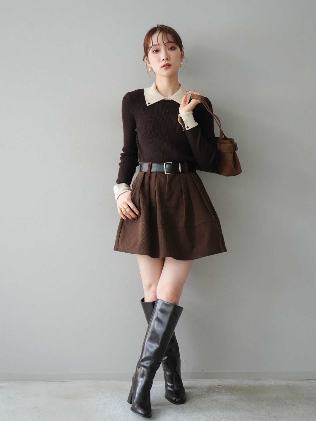 [予約]ベルト付インパンコーデュロイタックフレアスカート/brown