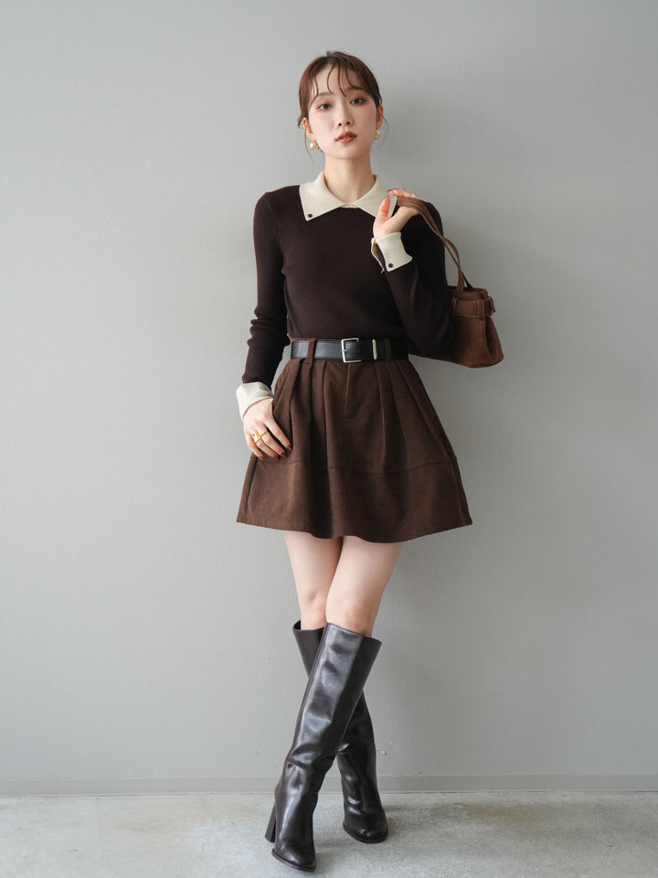 [予約]ベルト付インパンコーデュロイタックフレアスカート/brown